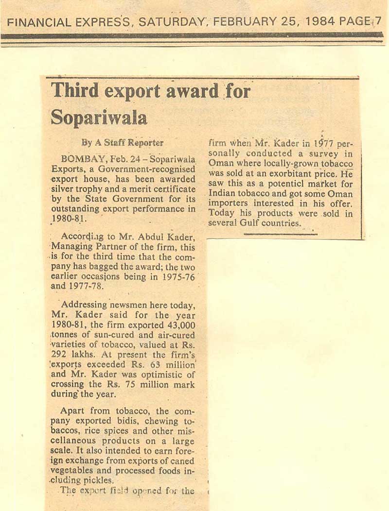 Sopariwala Exports In News