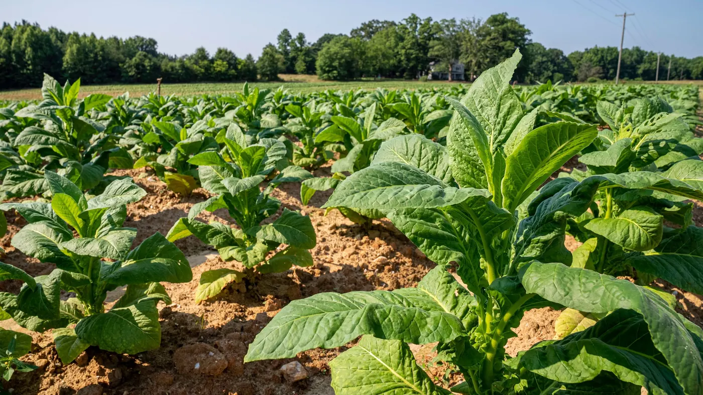 Rows of green tobacco plants in a sunlit field, the leaf Sopariwala grows and grades for US buyers